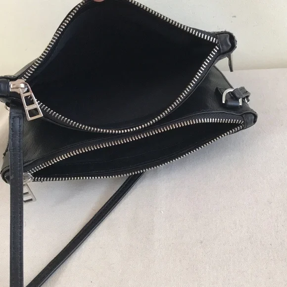 Zadig & Voltaire black leather crossbody bag silver wings logo 2 zipper pouches - Picture 8 of 8